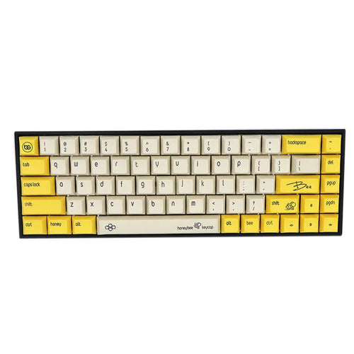 68-key PBT mechanical keyboard keycap set showing nine colour options including blue, grey, pink and yellow