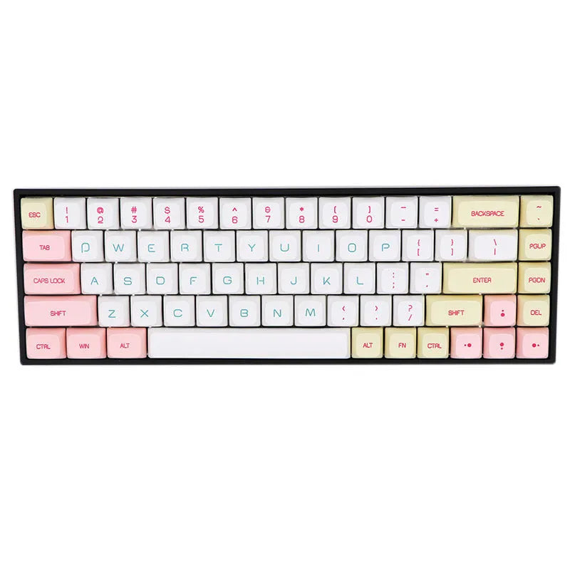 68-key PBT mechanical keyboard keycap set showing nine colour options including blue, grey, pink and yellow