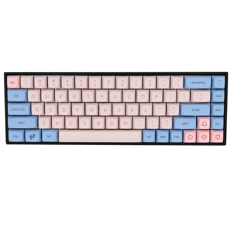 68-key PBT mechanical keyboard keycap set showing nine colour options including blue, grey, pink and yellow