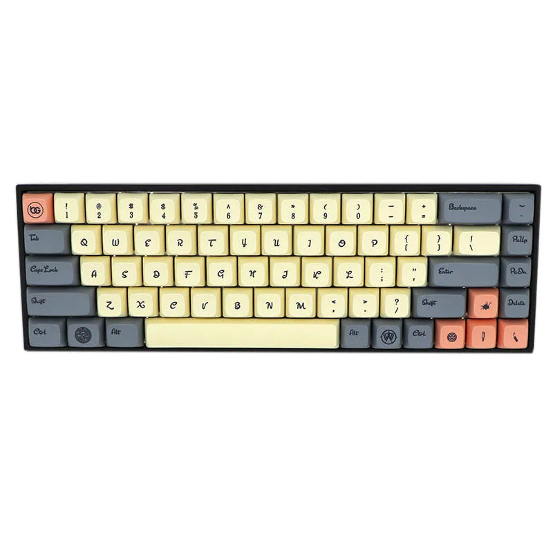 68-key PBT mechanical keyboard keycap set showing nine colour options including blue, grey, pink and yellow