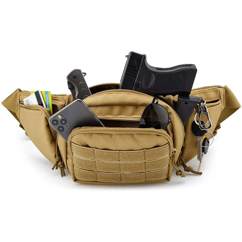 Men's tactical multifunctional waist bag in black colour with adjustable strap and moderate storage capacity