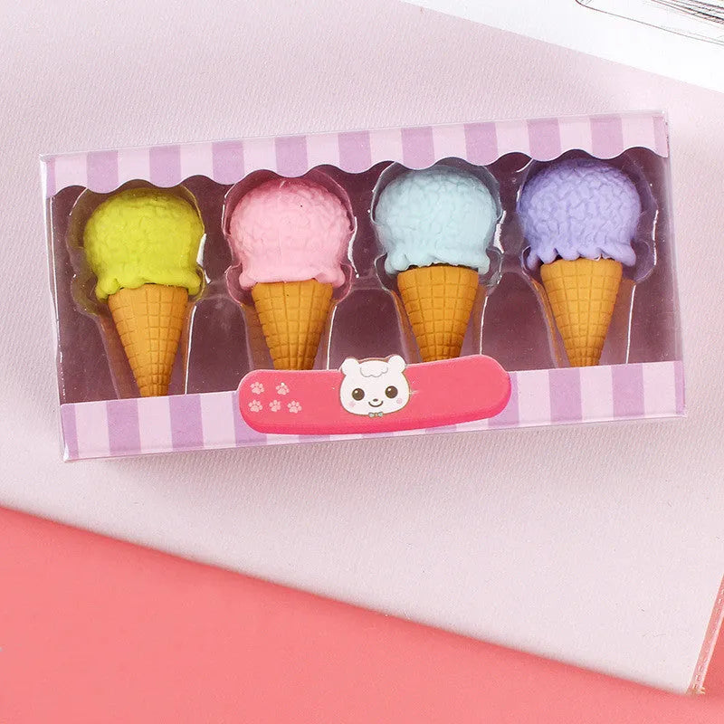 Set of 12 cartoon character rubber erasers with cone, ice cream, donut, and lollipop designs for children