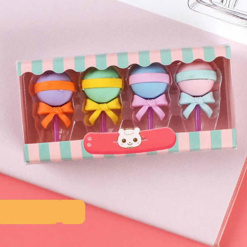 Set of 12 cartoon character rubber erasers with cone, ice cream, donut, and lollipop designs for children