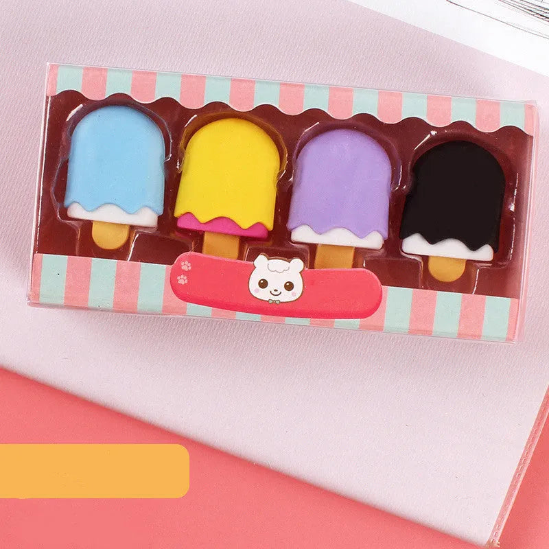 Set of 12 cartoon character rubber erasers with cone, ice cream, donut, and lollipop designs for children