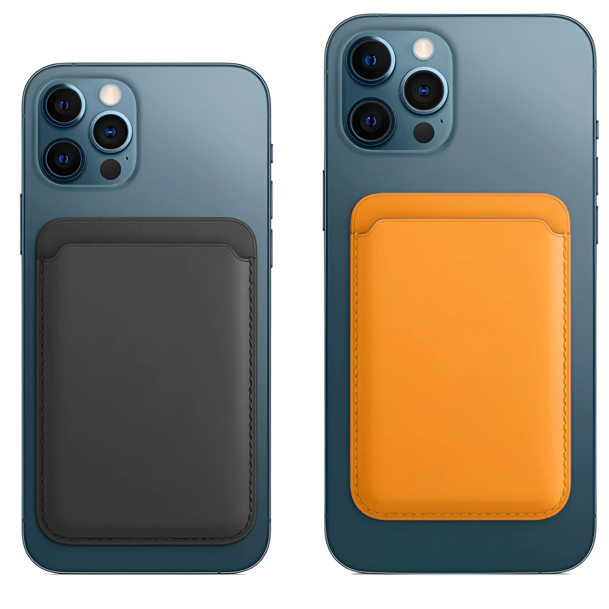 Black PU leather iPhone case with a built-in magnetic card holder on the back, compatible with MagSafe.