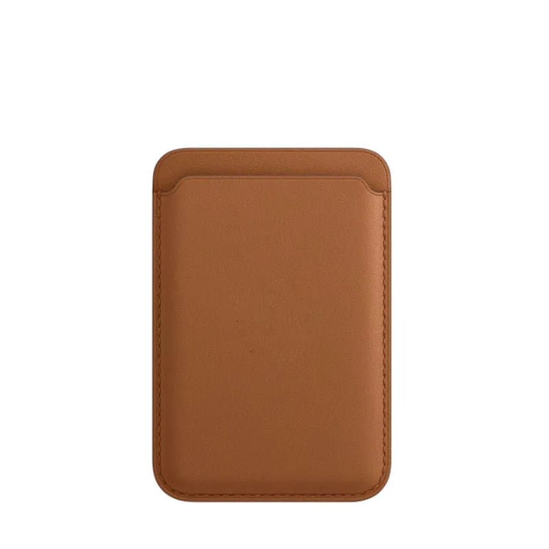 Black PU leather iPhone case with a built-in magnetic card holder on the back, compatible with MagSafe.