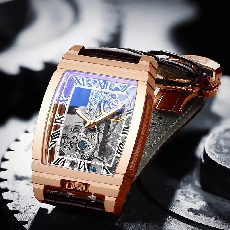 Daystar square stainless steel manual mechanical watch with 42mm dial and leather strap