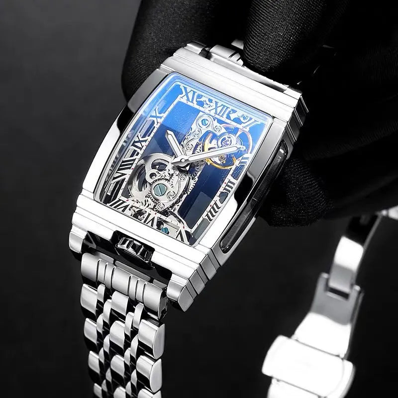 Daystar square stainless steel manual mechanical watch with 42mm dial and leather strap