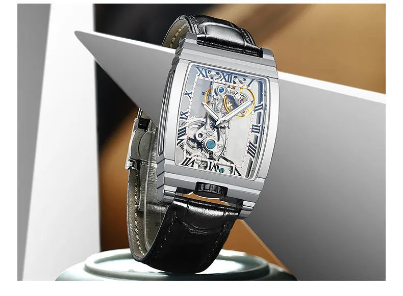 Daystar square stainless steel manual mechanical watch with 42mm dial and leather strap