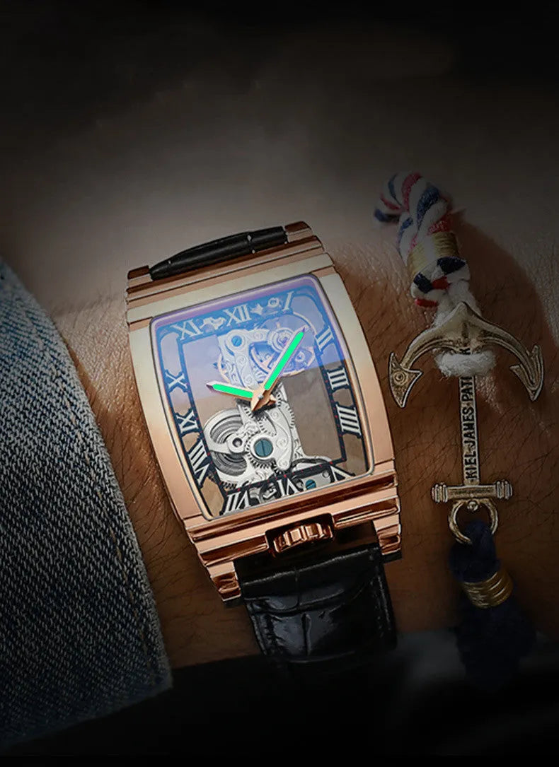 Daystar square stainless steel manual mechanical watch with 42mm dial and leather strap