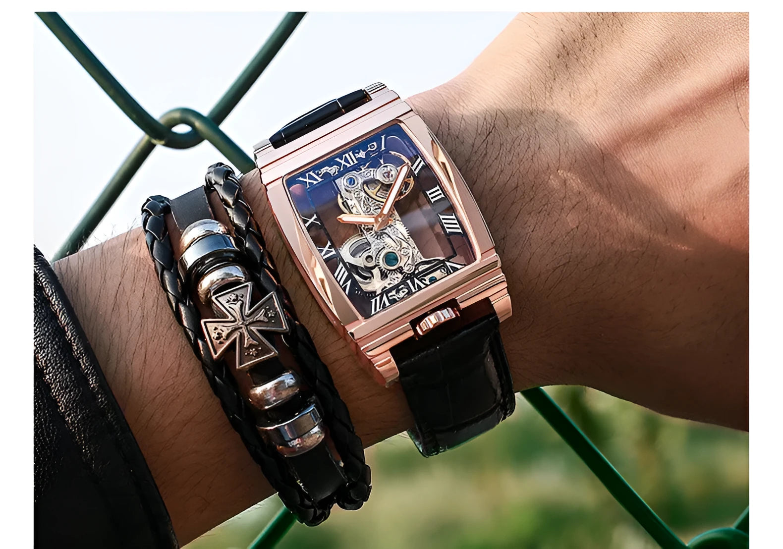 Daystar square stainless steel manual mechanical watch with 42mm dial and leather strap