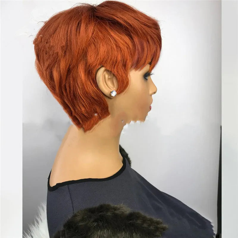 Golden short hair wig for women made from high temperature wire with a Qi or oblique bang