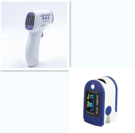 White digital non-contact thermometer for clinical temperature measurement.