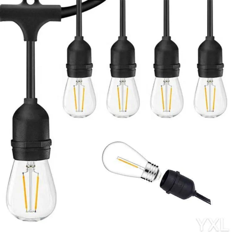 Black decorative light string with filament bulbs and EU plug for indoor outdoor use