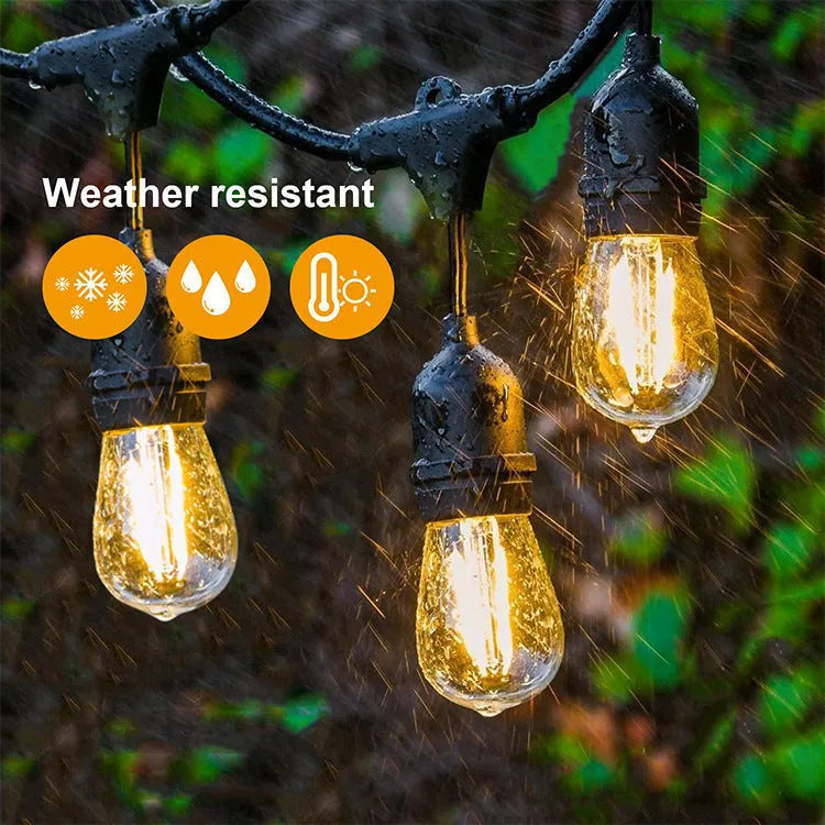 Black decorative light string with filament bulbs and EU plug for indoor outdoor use