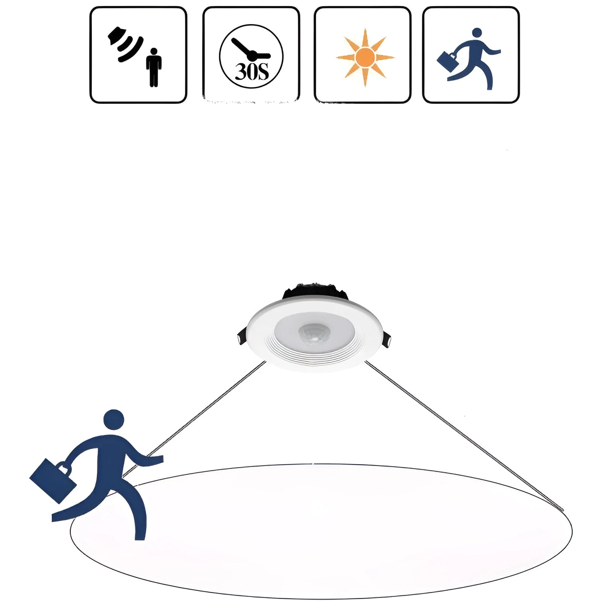 Aluminium recessed ceiling down light with infrared motion sensor for automatic white LED lighting.