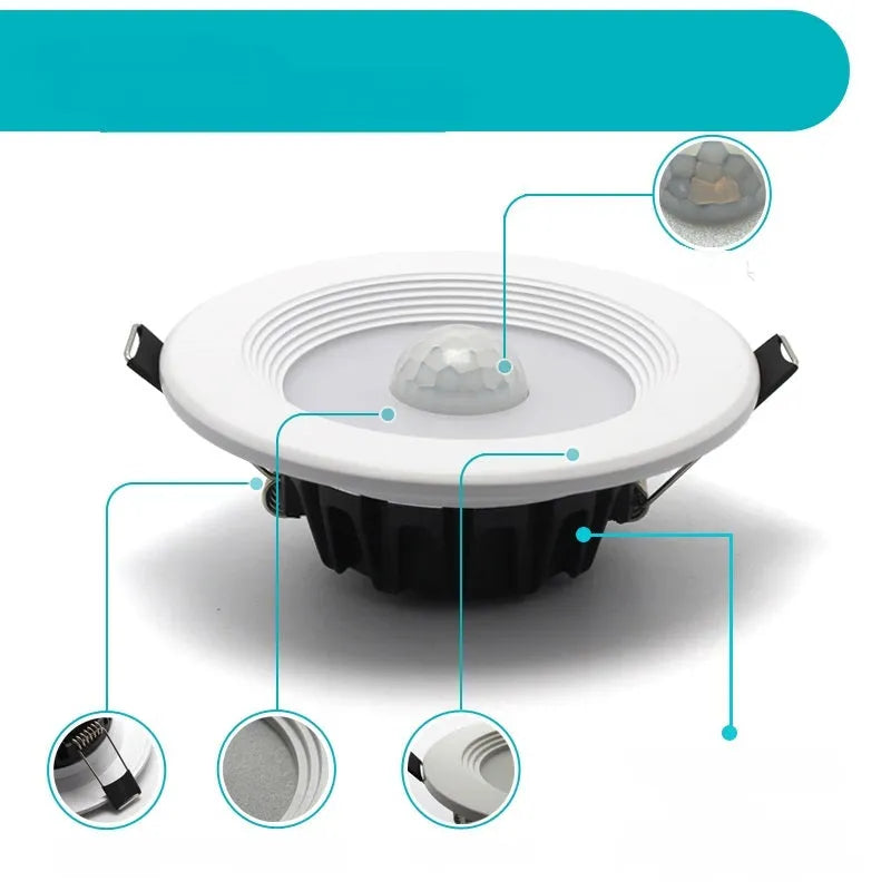 Aluminium recessed ceiling down light with infrared motion sensor for automatic white LED lighting.