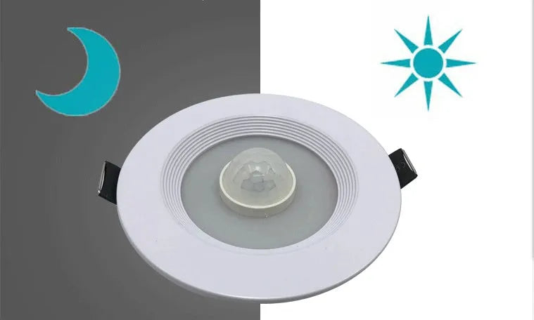 Aluminium recessed ceiling down light with infrared motion sensor for automatic white LED lighting.