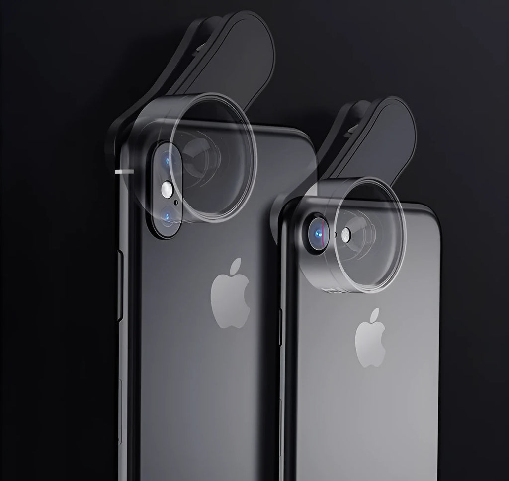 Universal mobile phone camera lens kit with fill light unit showing wide angle, macro, and fish eye lens attachments