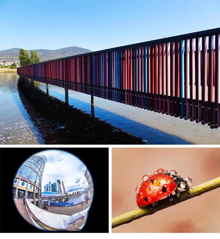 Universal mobile phone camera lens kit with fill light unit showing wide angle, macro, and fish eye lens attachments