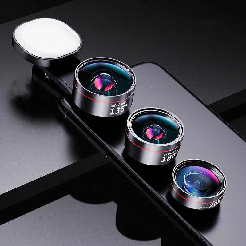 Universal mobile phone camera lens kit with fill light unit showing wide angle, macro, and fish eye lens attachments