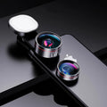 Universal mobile phone camera lens kit with fill light unit showing wide angle, macro, and fish eye lens attachments