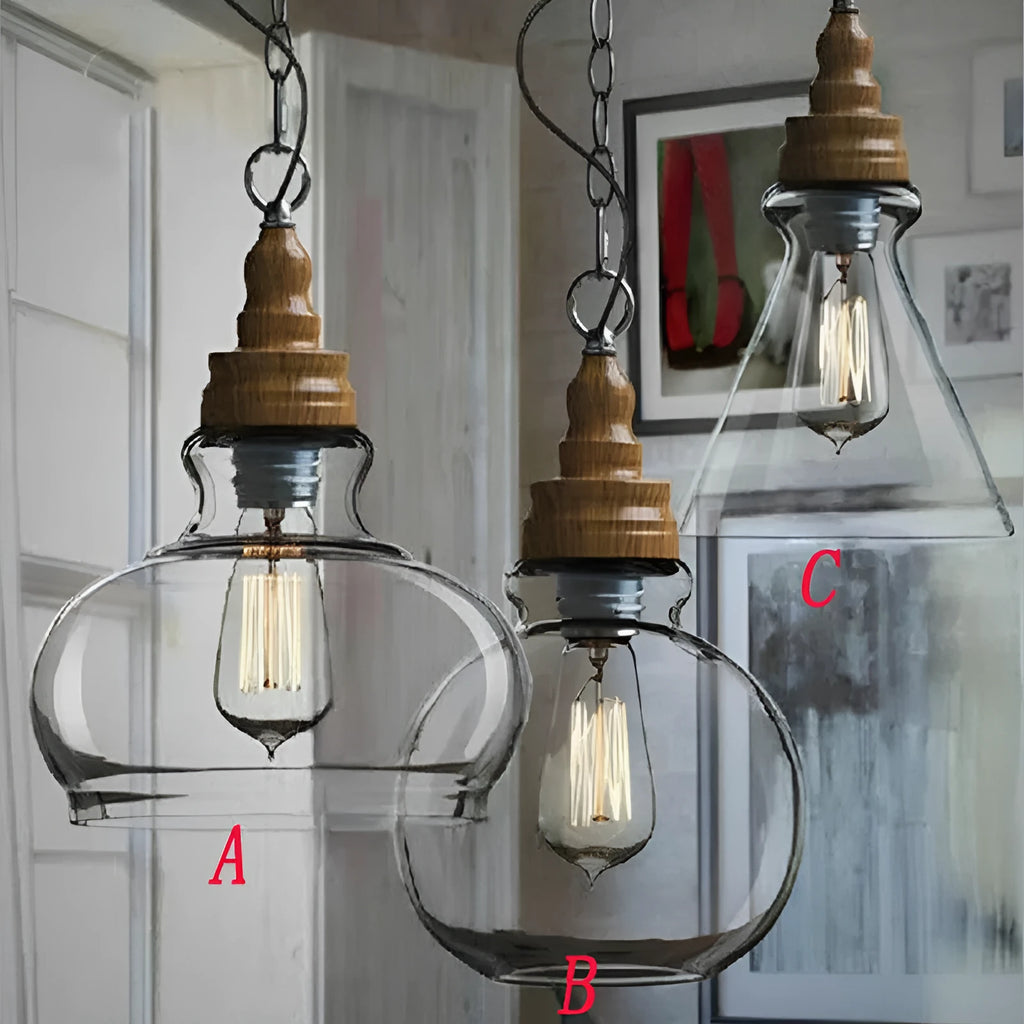 Nordic style single head pendant light with wood grain glass shade on an adjustable cable.