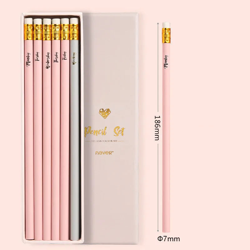 Mixed colour HB pencils including purple glitter and pale pink designs in display box with erasers
