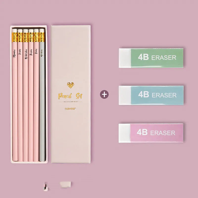 Mixed colour HB pencils including purple glitter and pale pink designs in display box with erasers