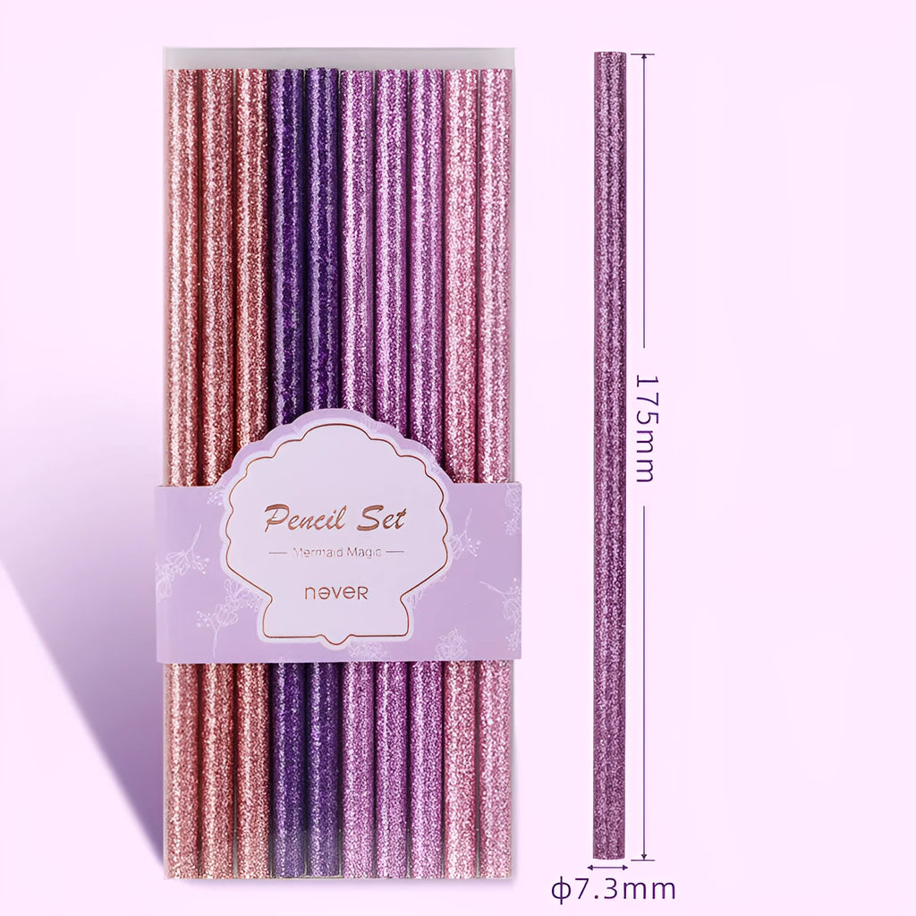 Mixed colour HB pencils including purple glitter and pale pink designs in display box with erasers