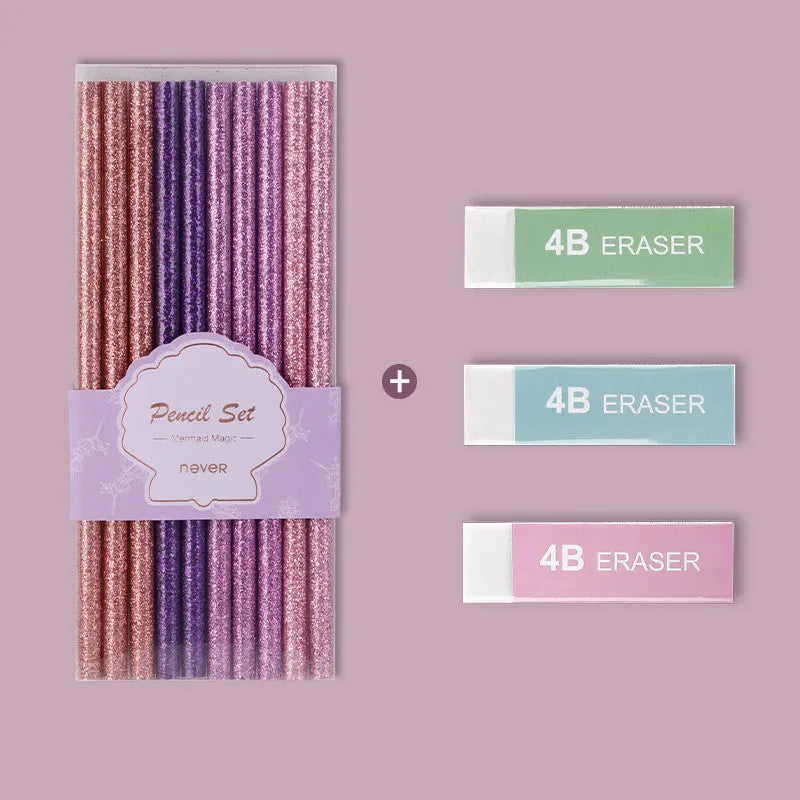 Mixed colour HB pencils including purple glitter and pale pink designs in display box with erasers