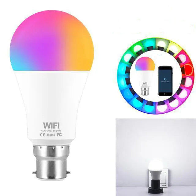 Smart WiFi LED light bulb with E27 or B22 fitting offering white and RGB colour changing capability