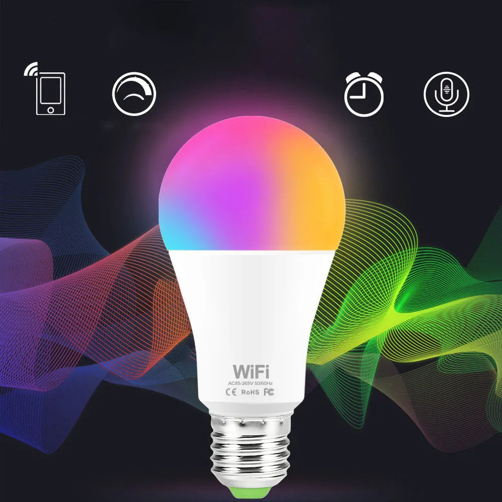 Smart WiFi LED light bulb with E27 or B22 fitting offering white and RGB colour changing capability