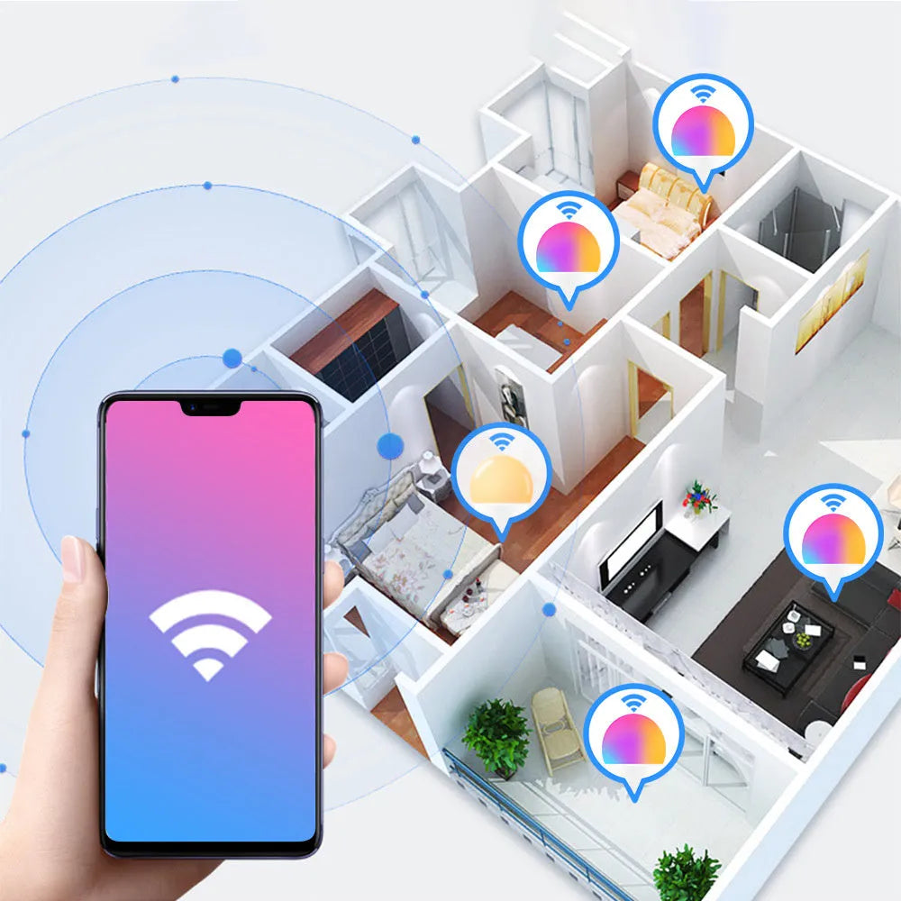 Smart WiFi LED light bulb with E27 or B22 fitting offering white and RGB colour changing capability