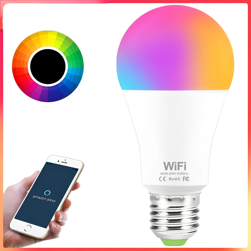 Smart WiFi LED light bulb with E27 or B22 fitting offering white and RGB colour changing capability