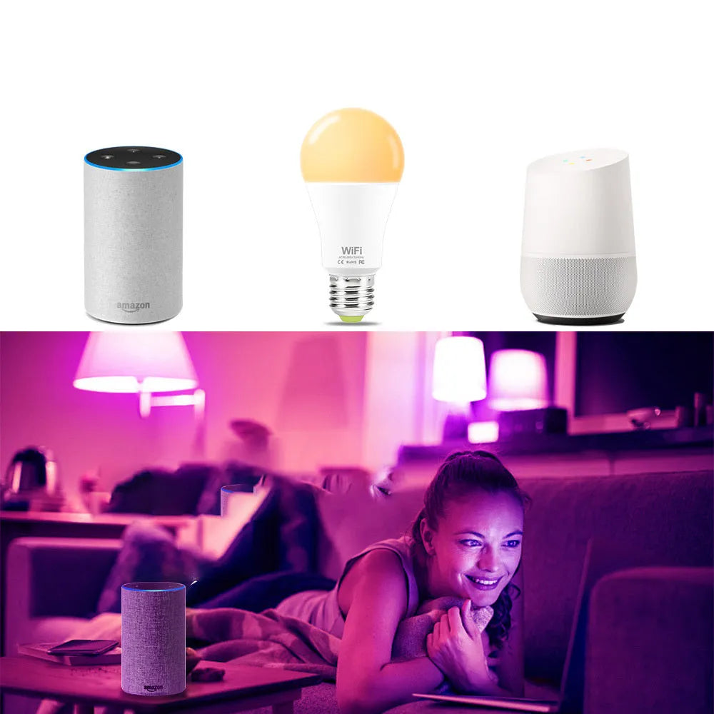 Smart WiFi LED light bulb with E27 or B22 fitting offering white and RGB colour changing capability