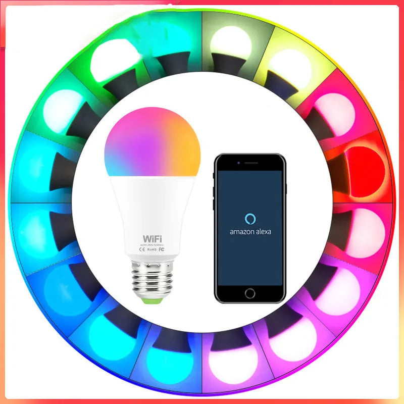 Smart WiFi LED light bulb with E27 or B22 fitting offering white and RGB colour changing capability