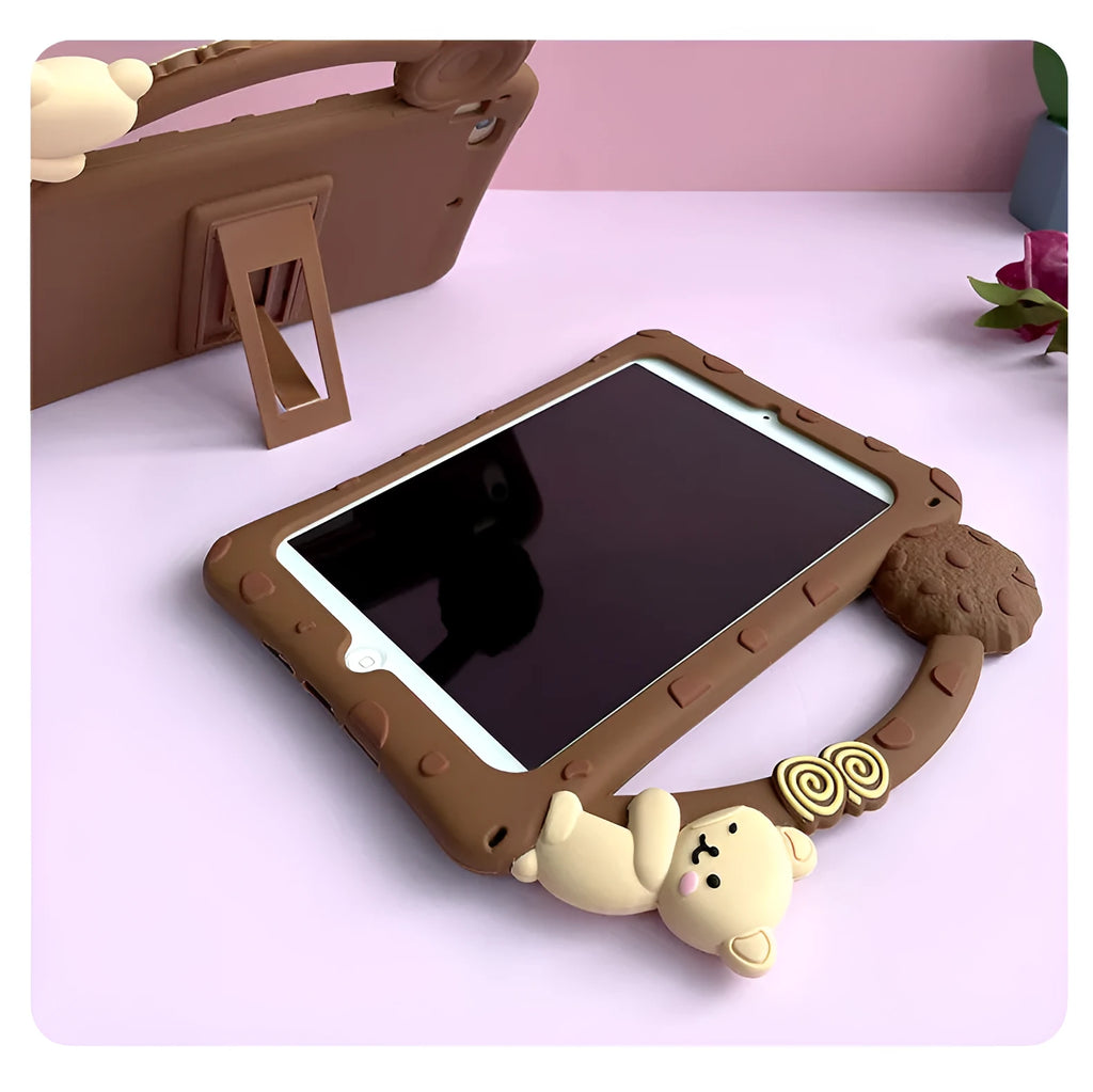 Brown cartoon design silicone sleeve case for iPad tablets on a flat surface
