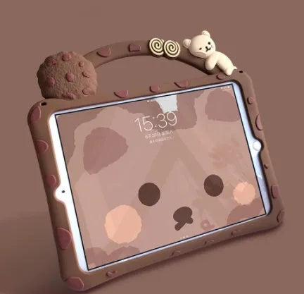 Brown cartoon design silicone sleeve case for iPad tablets on a flat surface
