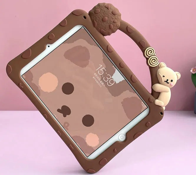 Brown cartoon design silicone sleeve case for iPad tablets on a flat surface