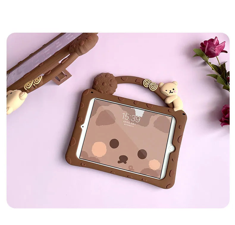 Brown cartoon design silicone sleeve case for iPad tablets on a flat surface