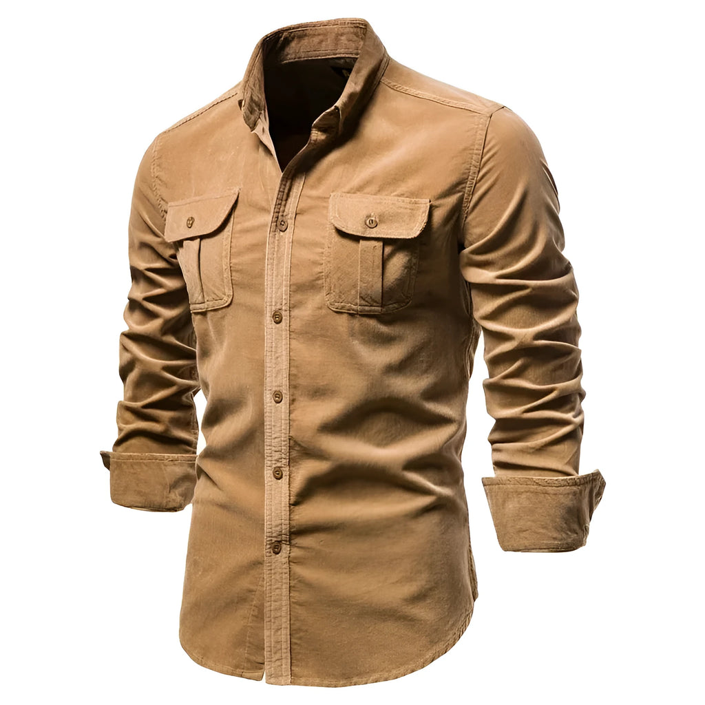 Men's long sleeve linen shirt in Denim Blue on a hanger, showing button front and cuff detail.