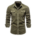 Men's long sleeve linen shirt in Denim Blue on a hanger, showing button front and cuff detail.