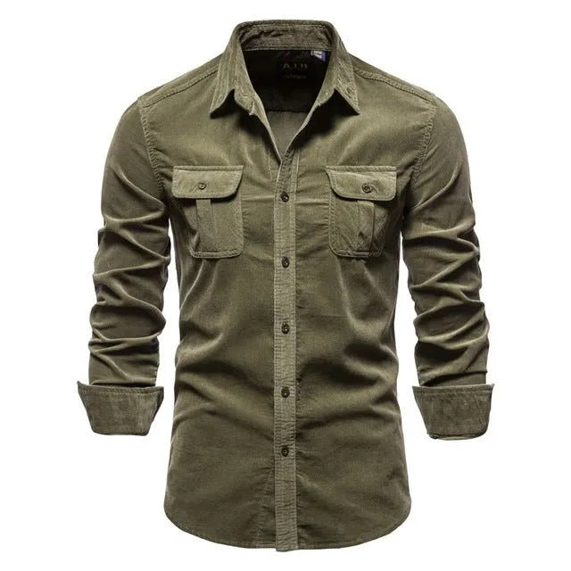 Men's long sleeve linen shirt in Denim Blue on a hanger, showing button front and cuff detail.