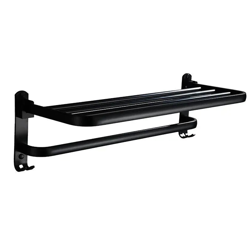 Aluminium bathroom folding shelf with two tiers and perforated rails, shown in a light luxury style.