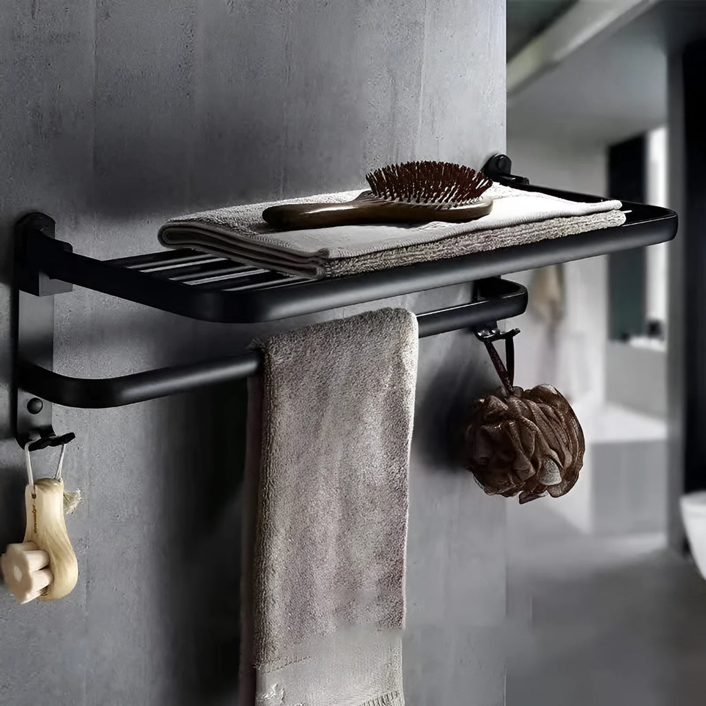 Aluminium bathroom folding shelf with two tiers and perforated rails, shown in a light luxury style.