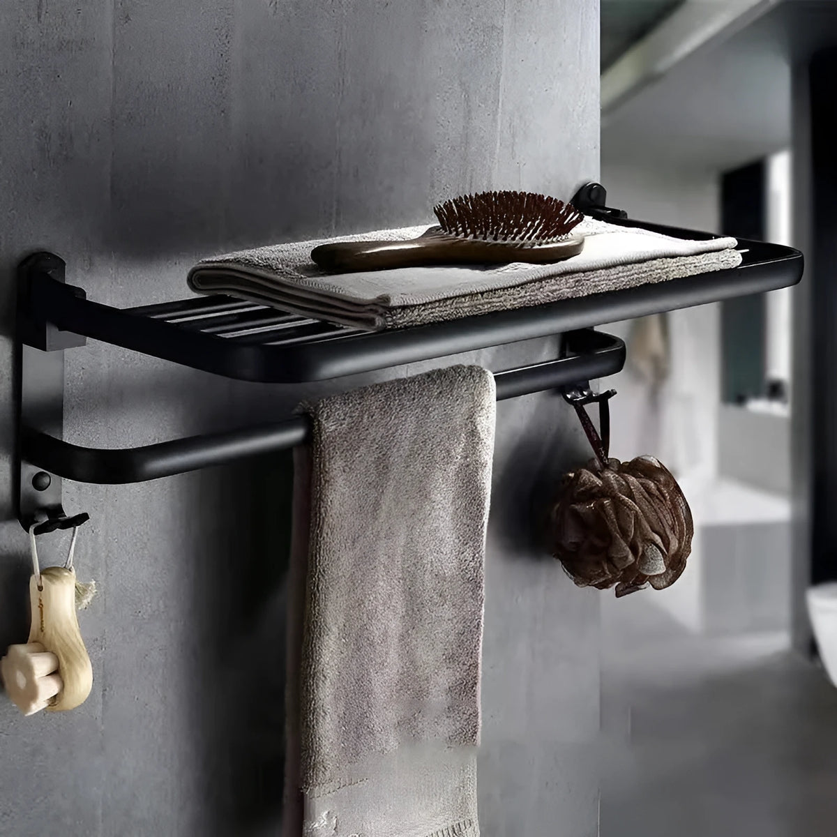 Aluminium bathroom folding shelf with two tiers and perforated rails, shown in a light luxury style.