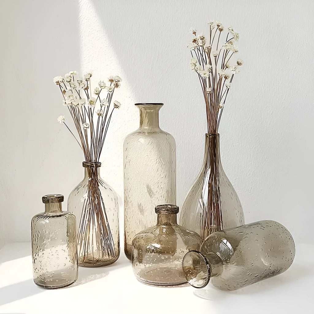 Grey geometric bubble glass vase with stained glass construction and electric stove pigment surface