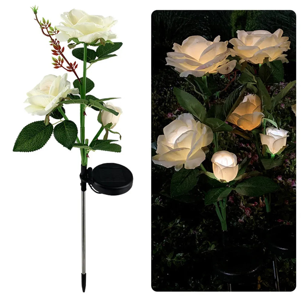 Solar rose garden ground lamp with three LED heads and 80cm height for courtyard lighting