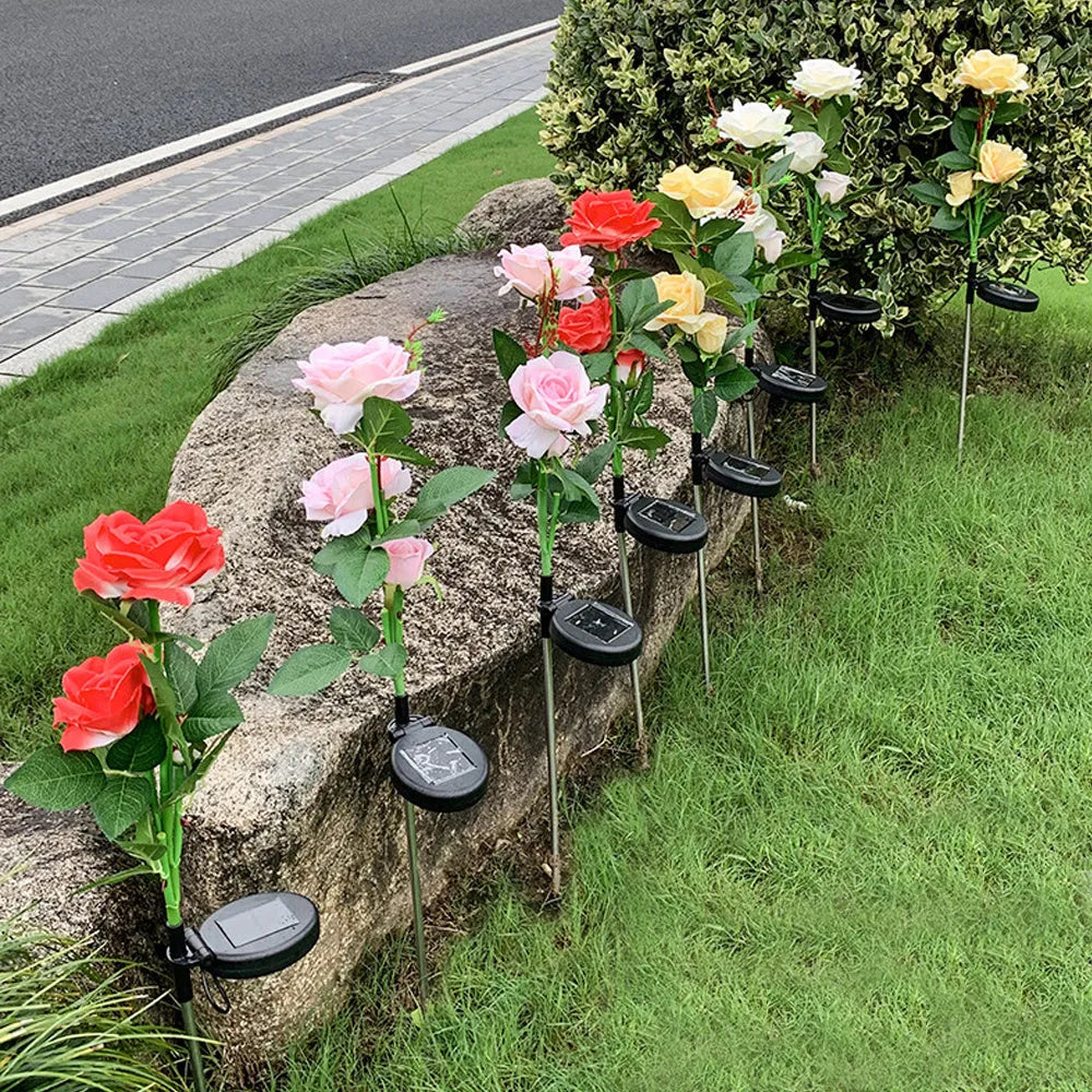 Solar rose garden ground lamp with three LED heads and 80cm height for courtyard lighting
